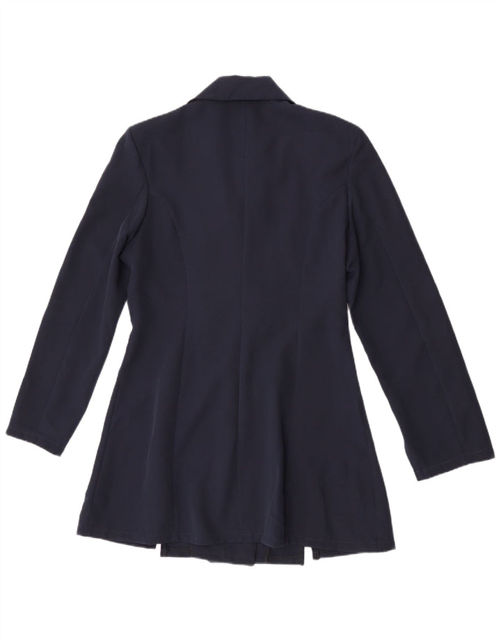 Casaco feminino vintage com peito duplo Reino Unido 14 poliéster azul marinho médio