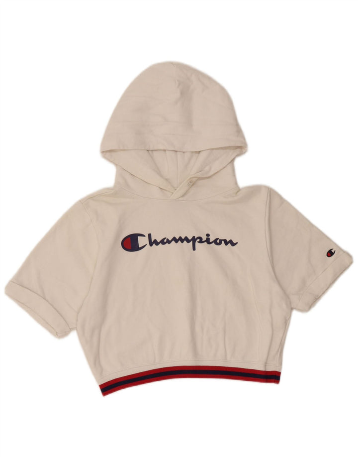 CHAMPION Suéter feminino com capuz e manga curta com estampa gráfica UK 10 pequeno branco