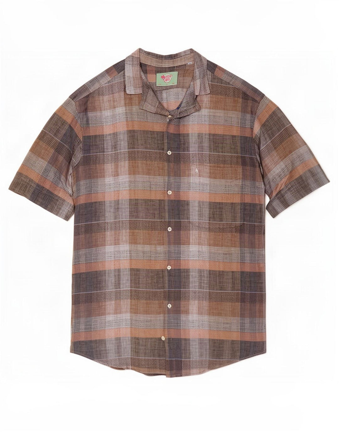 Camisa masculina vintage de manga curta grande xadrez marrom
