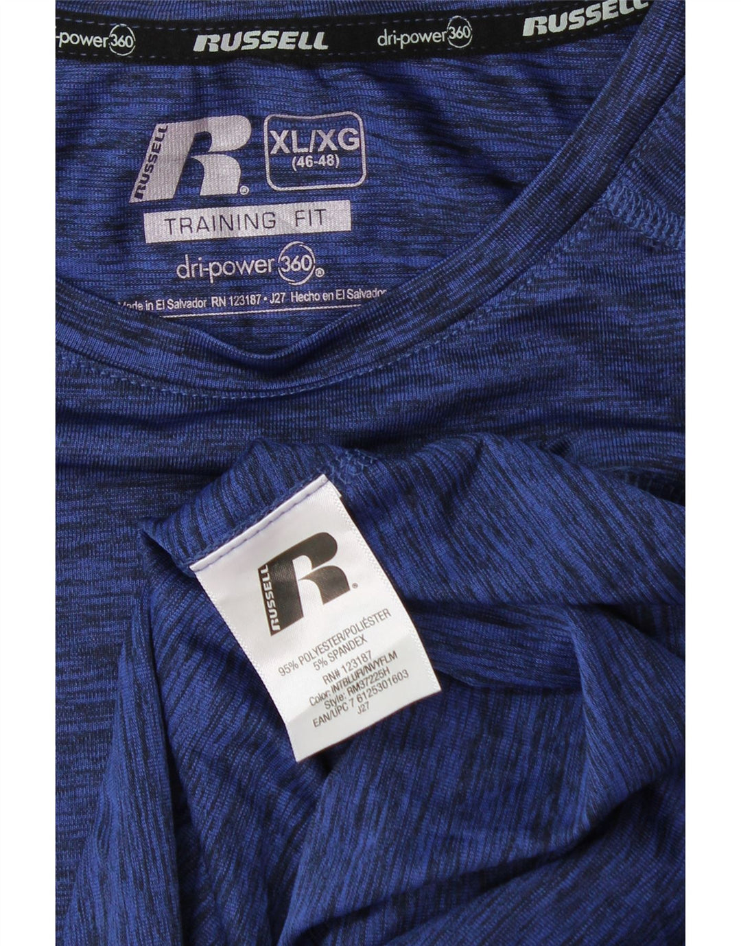 Camiseta masculina RUSSELL ATLÉTICA Dri-Power Reino Unido 46/48 XL azul marinho manchado