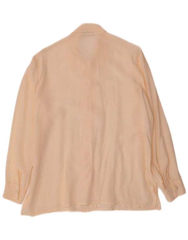 Blusa camisa feminina vintage Reino Unido 14 seda branca média esbranquiçada
