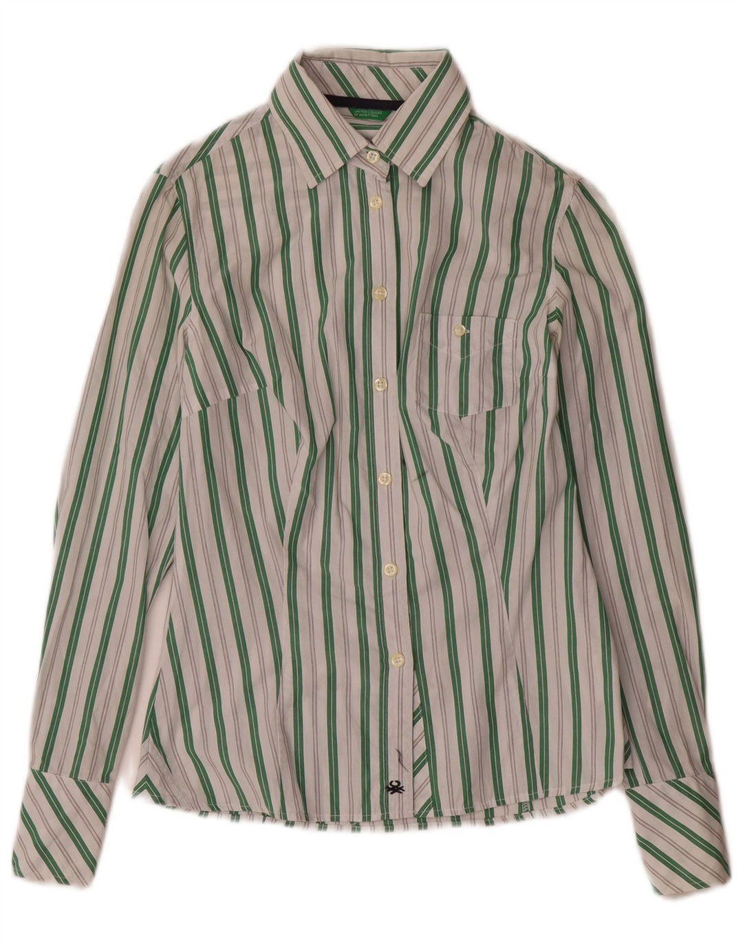 Camisa feminina Benetton UK 6 XS algodão listrado branco