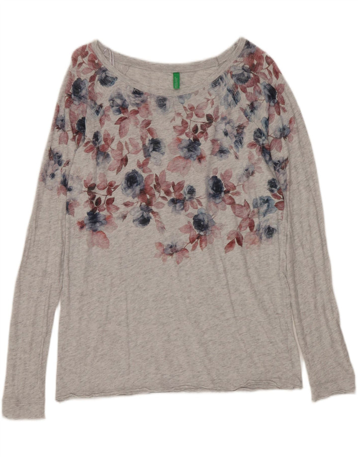 Top gráfico feminino Benetton manga comprida UK 12 algodão floral cinza médio