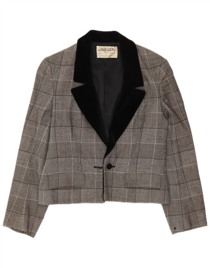 Jaqueta blazer feminina Jaeger crop 1 botão Reino Unido 10 pequeno cinza xadrez algodão