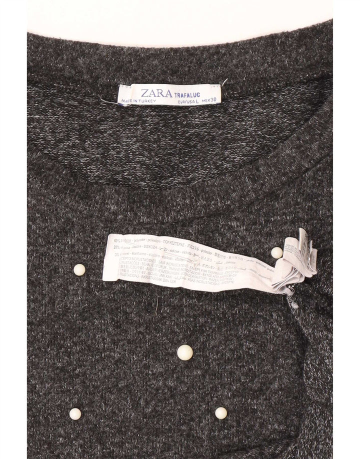 Top feminino Zara manga 3/4 Reino Unido 16 poliéster cinza grande