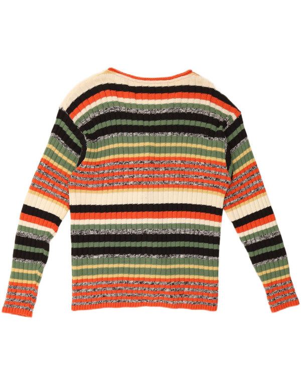 Suéter cardigã feminino vintage Reino Unido 16 grande lã listrada multicolorida