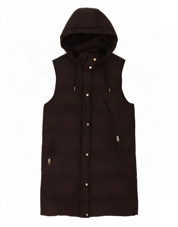 Zara Womens Longline Hooded Gilet UK 14 Médio Preto Poliéster