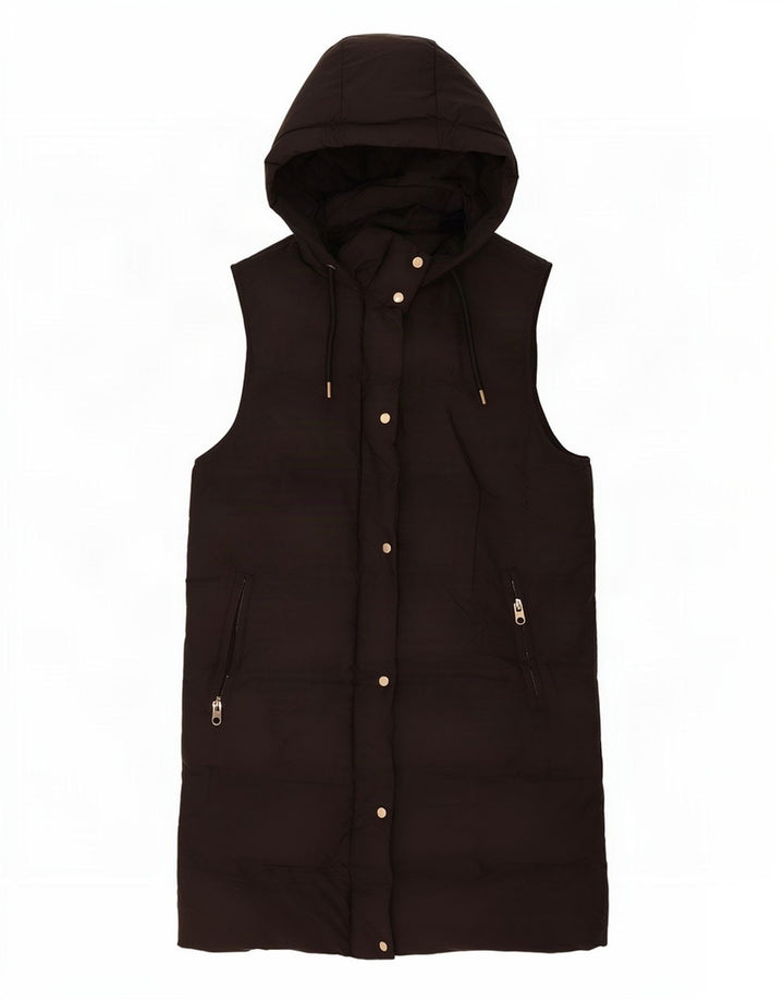 Zara Womens Longline Hooded Gilet UK 14 Médio Preto Poliéster