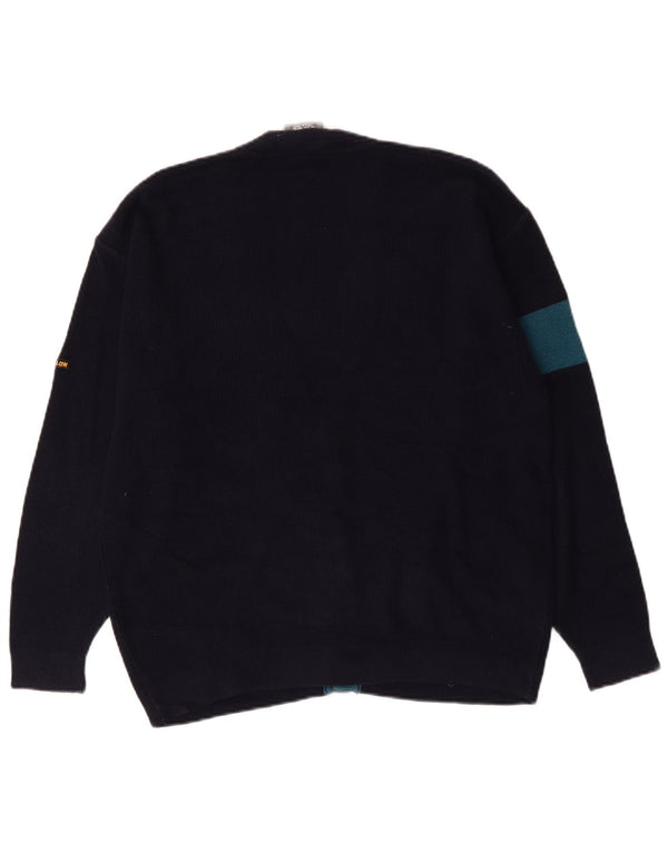 Vintage Mens Cardigan Sweater Large Navy Blue Geometric Cotton
