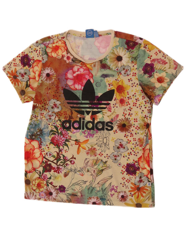 Camiseta feminina gráfica Adidas UK 12 poliéster floral bege médio