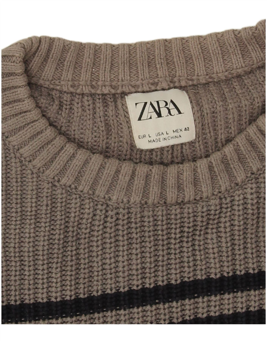 Zara Suéter masculino com gola redonda grande listrado cinza