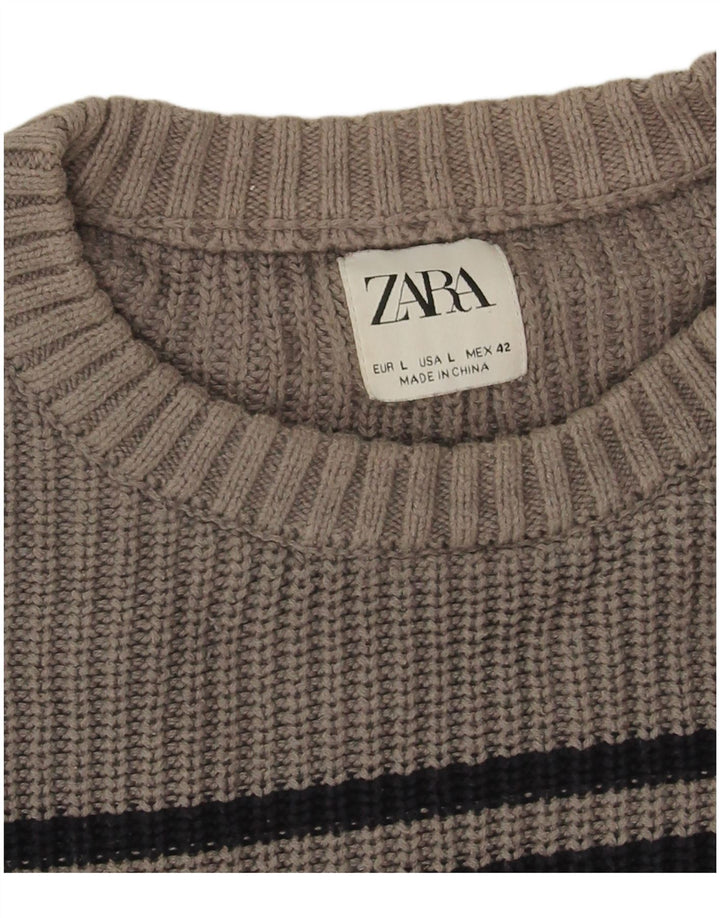 Zara Suéter masculino com gola redonda grande listrado cinza