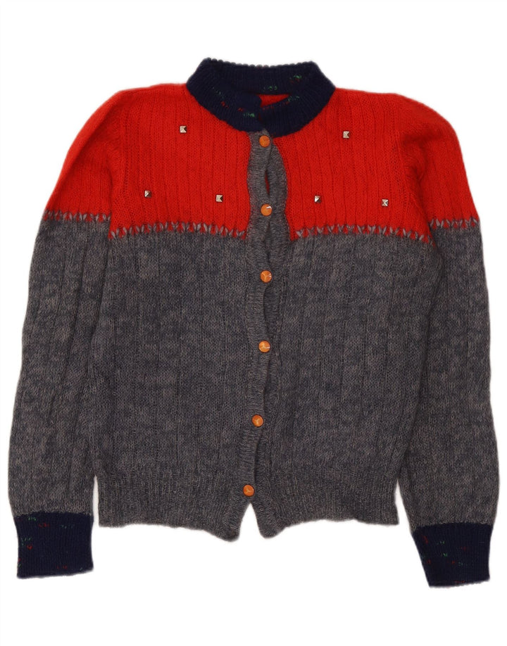 Suéter cardigã feminino vintage floco de neve Reino Unido 14 bloco colorido cinza médio