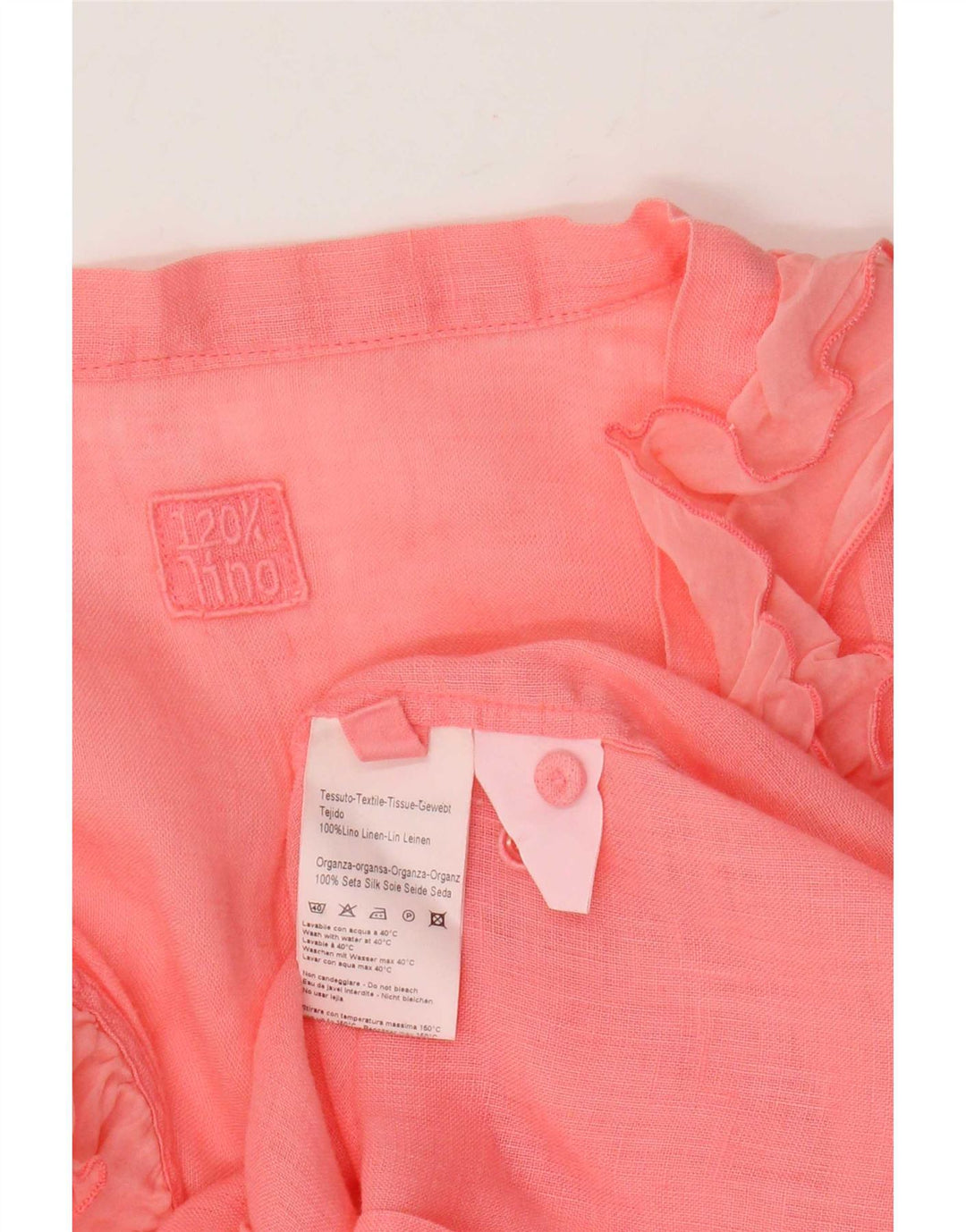 Blusa feminina 120% Lino manga comprida com babado frontal IT 46 linho rosa grande