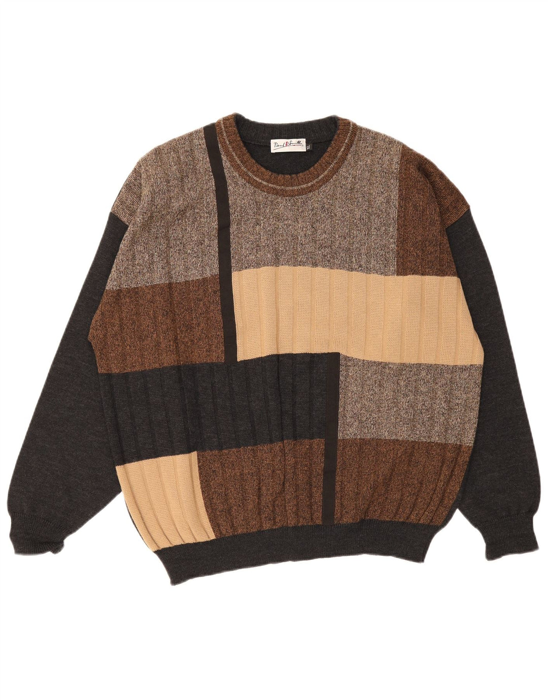 Suéter vintage masculino com gola redonda XL de lã colorblock multicolorida