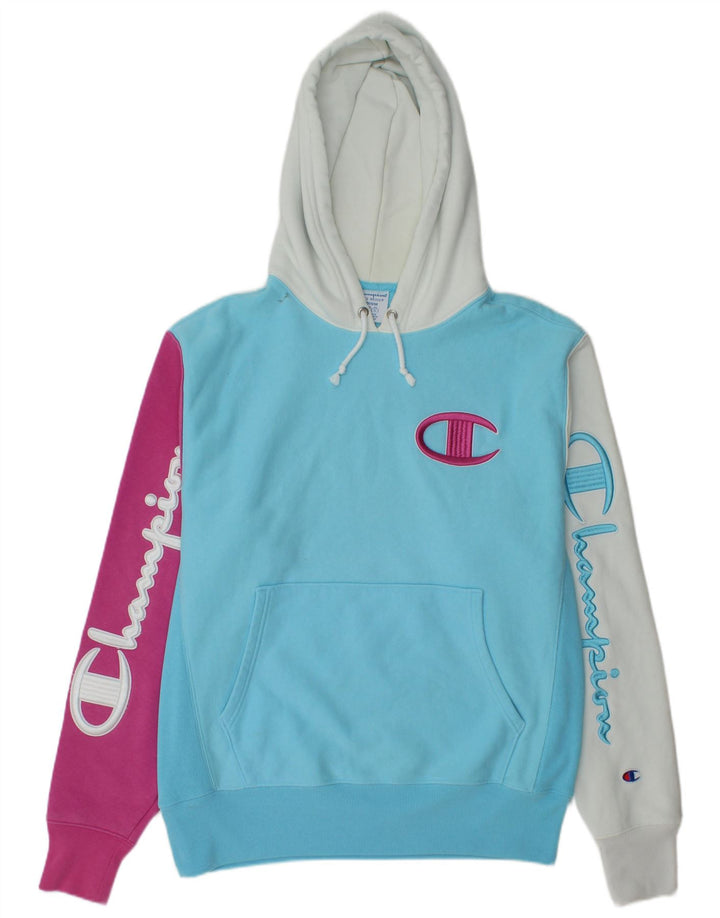 CHAMPION Suéter masculino com capuz gráfico Reverse Weave médio azul colorido