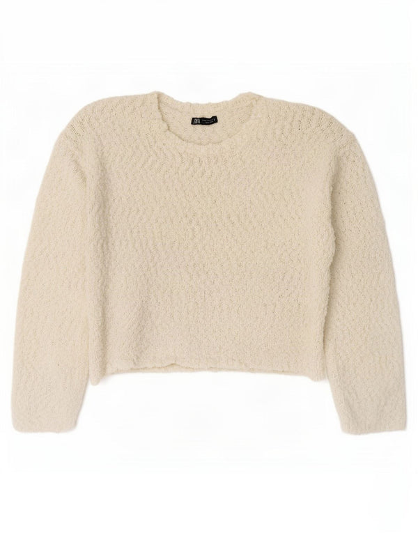 Zara Suéter feminino oversized com gola redonda Reino Unido 10 pequeno poliéster branco