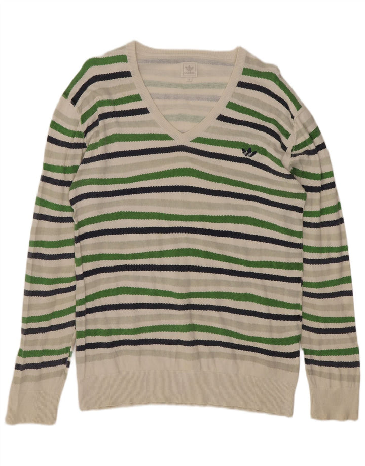 Suéter masculino Adidas com decote em V, médio, listrado multicolorido de algodão