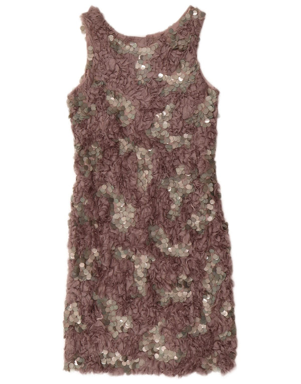 Vestido feminino Charabia sem mangas com bainha UK 10 pequeno cinza manchado de seda