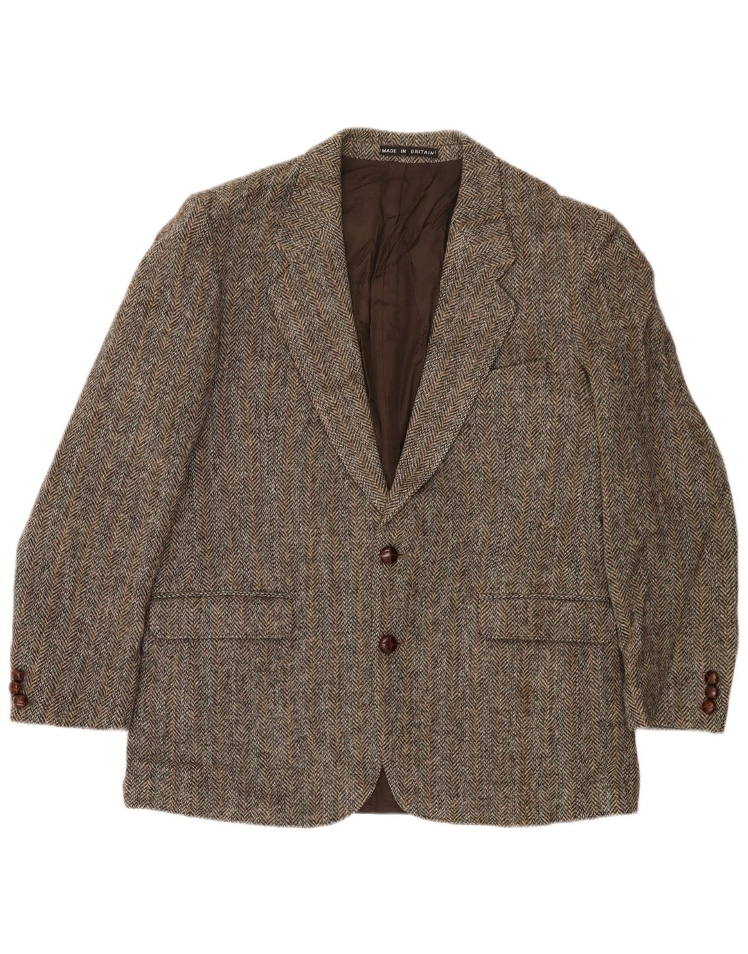 Jaqueta blazer masculina de 2 botões Harris Tweed Reino Unido 40 grande lã espinha de peixe marrom