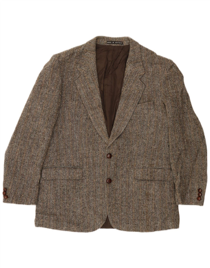 Jaqueta blazer masculina de 2 botões Harris Tweed Reino Unido 40 grande lã espinha de peixe marrom