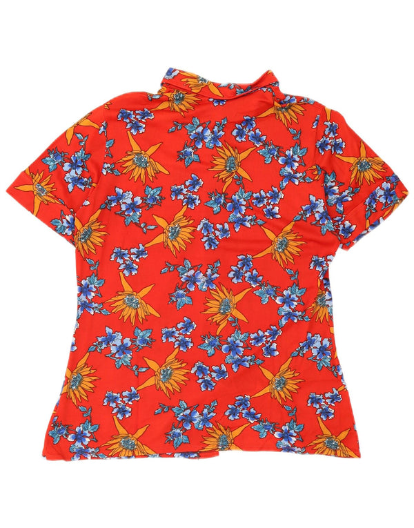 Camisa feminina vintage de manga curta UK 12 médio vermelho floral
