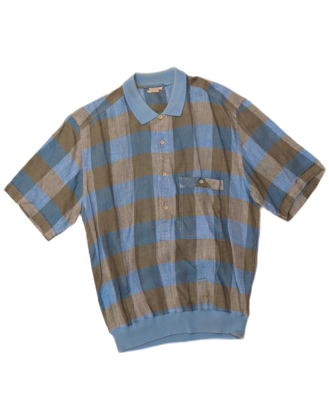 Camisa pulôver masculina VINTAGE de manga curta IT 48 linho xadrez azul médio