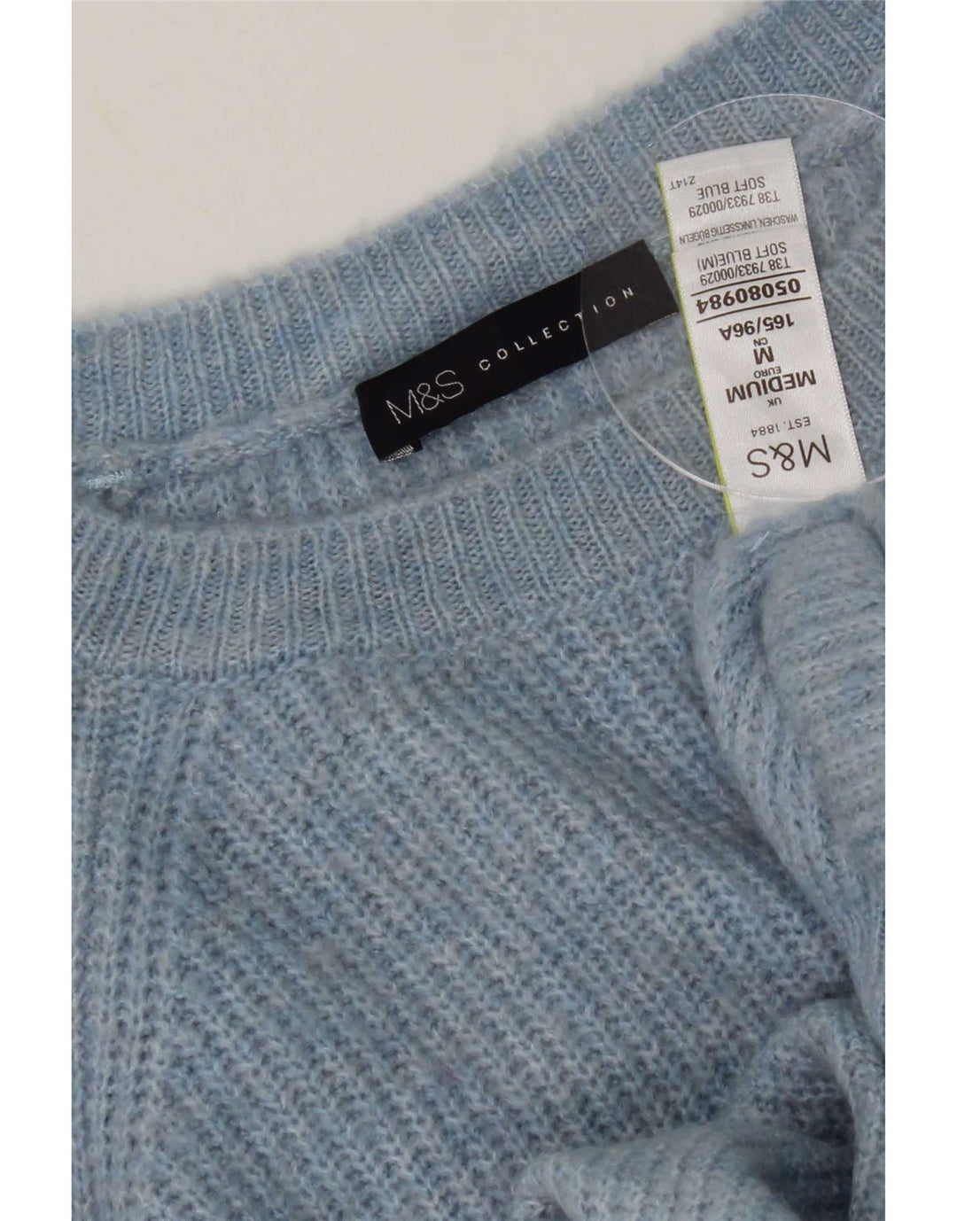 Suéter feminino Marks & Spencer com gola canoa Reino Unido 14 médio azul manchado