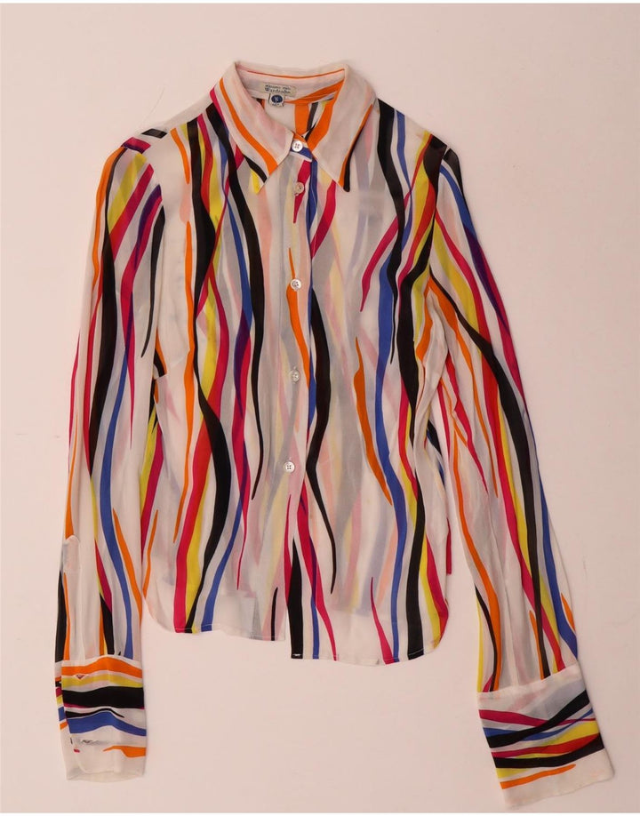 Blusa feminina vintage transparente Reino Unido 10 listrada pequena multicolorida