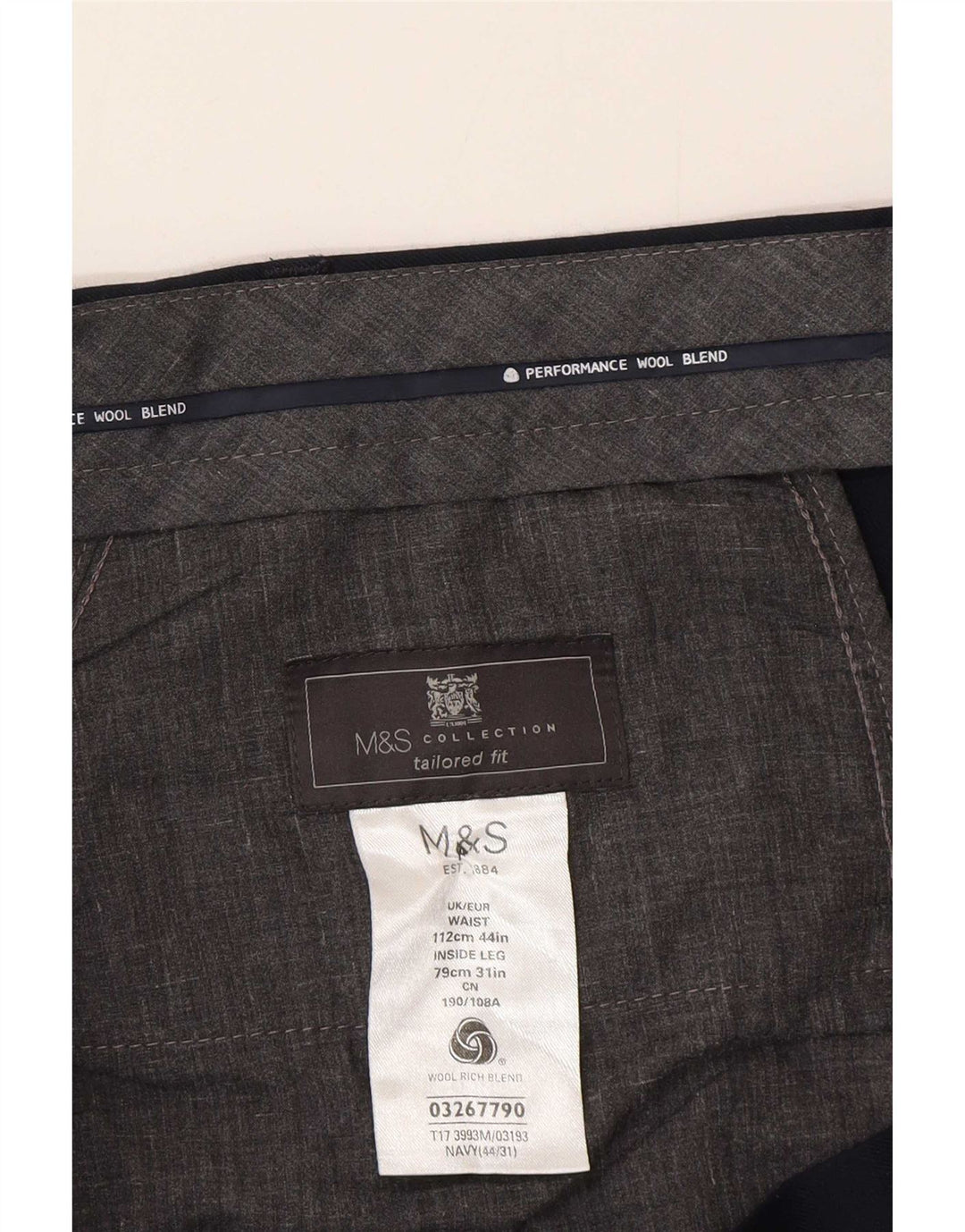 Calça masculina Marks & Spencer sob medida W44 L31 lã azul marinho