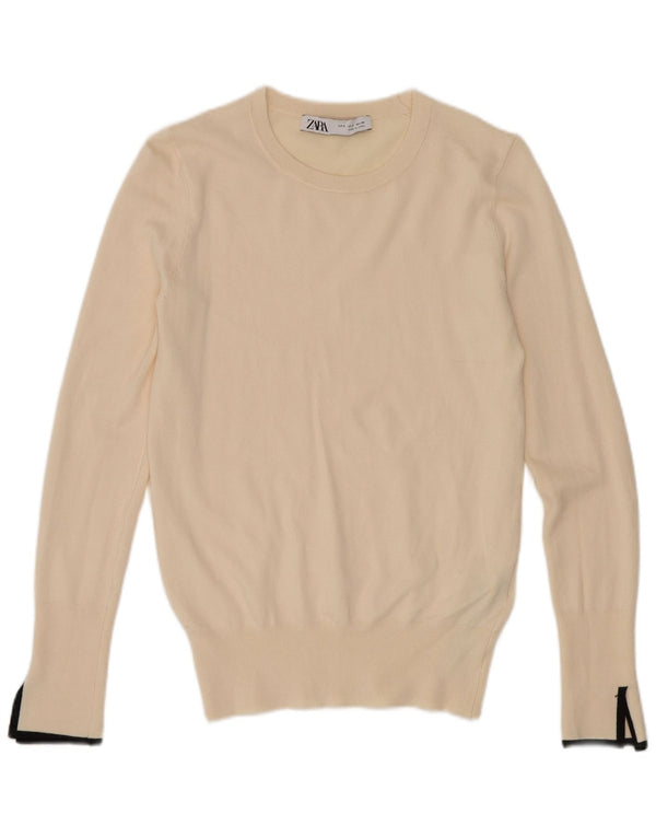 Suéter feminino Zara com gola redonda e viscose branca pequena UK 8