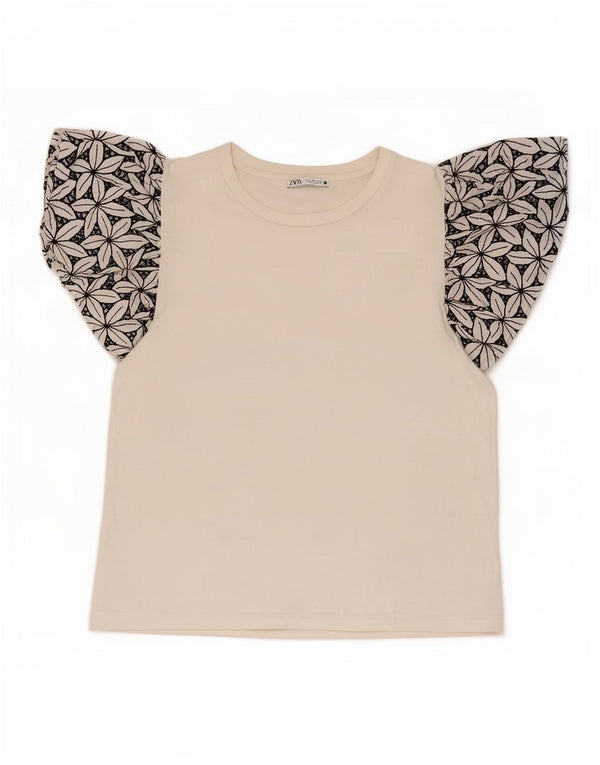 Blusa feminina Zara UK 14 grande algodão floral branco