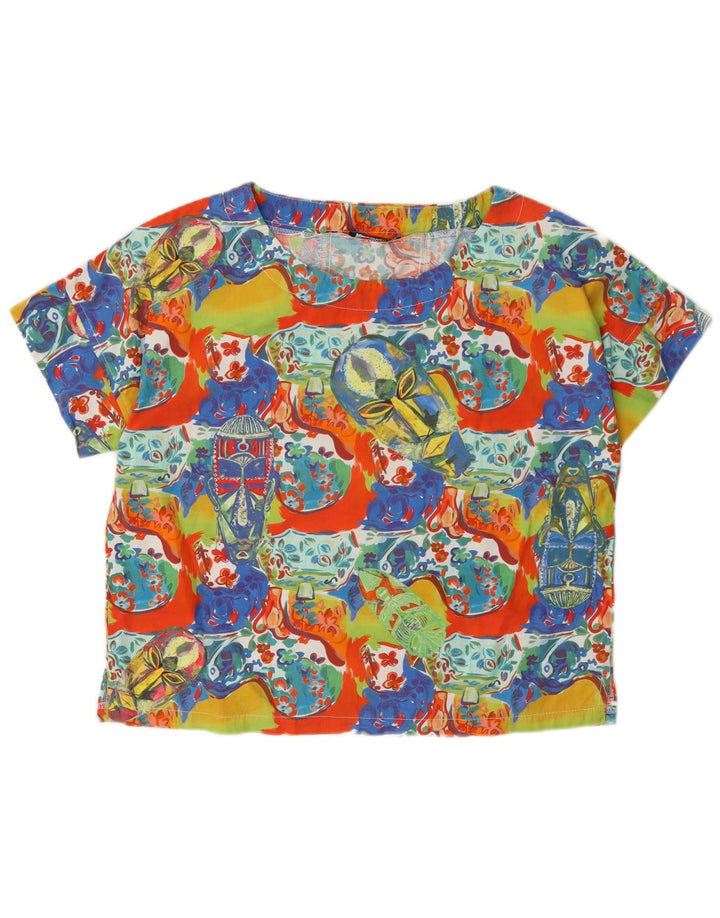 Blusa gráfica feminina vintage UK 14 algodão floral multicolorido médio