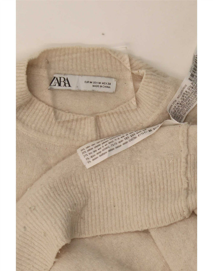 Zara Suéter feminino cropped superdimensionado com gola redonda Reino Unido 14 médio bege