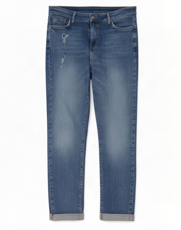 Calça jeans feminina M&Co desgastada UK 12 médio W28 L28 azul