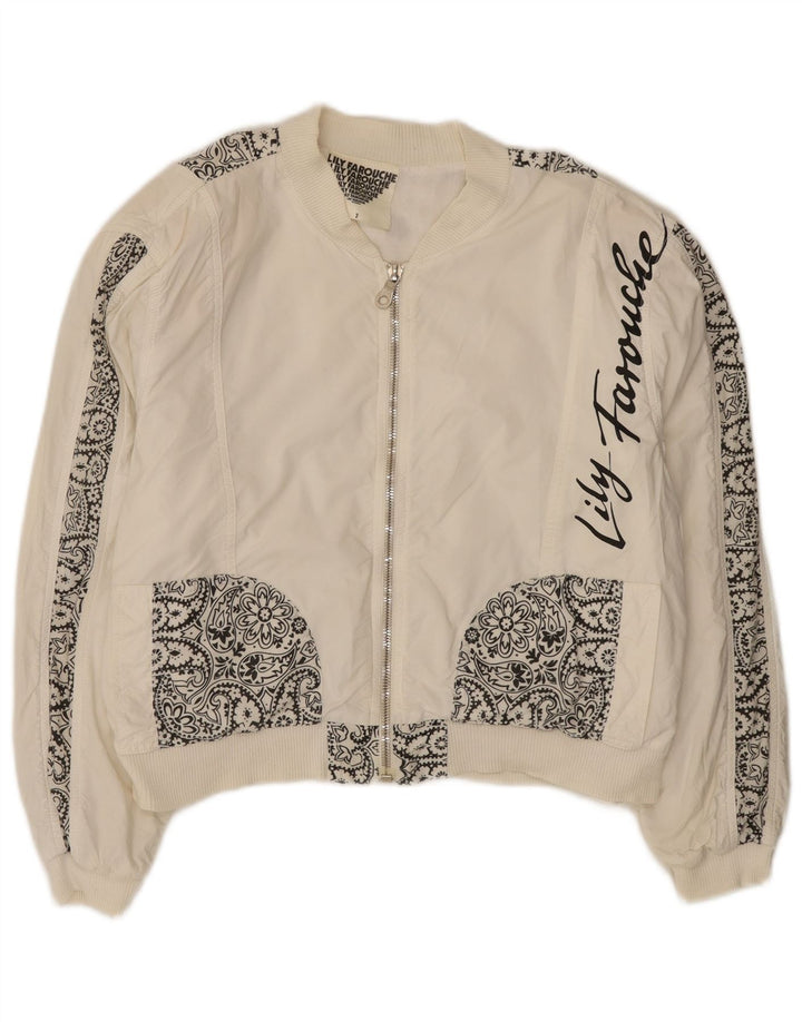 Jaqueta bomber feminina Lily Farouche com estampa gráfica grande EUA 2 XS branco paisley