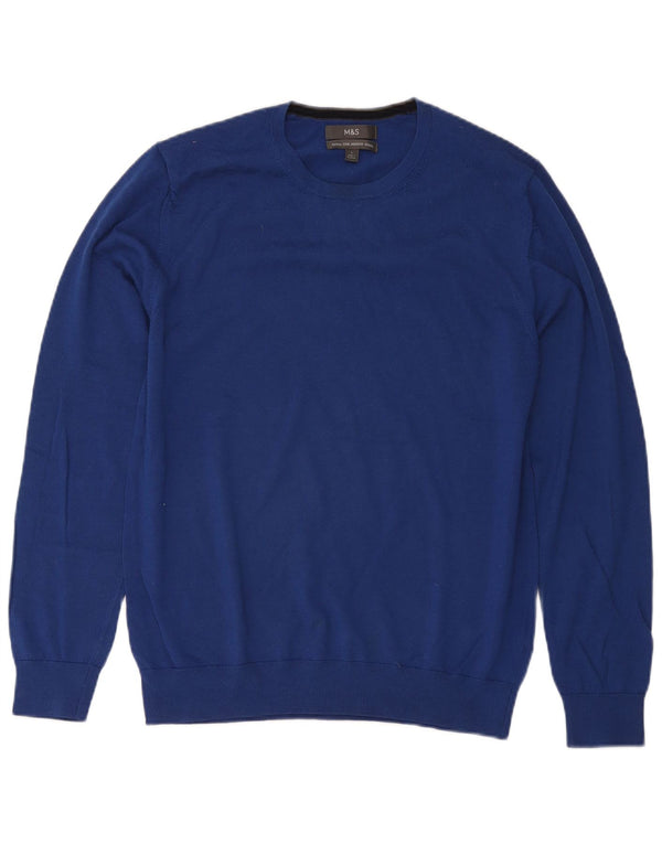 Suéter masculino Marks & Spencer com gola redonda, grande lã merino azul