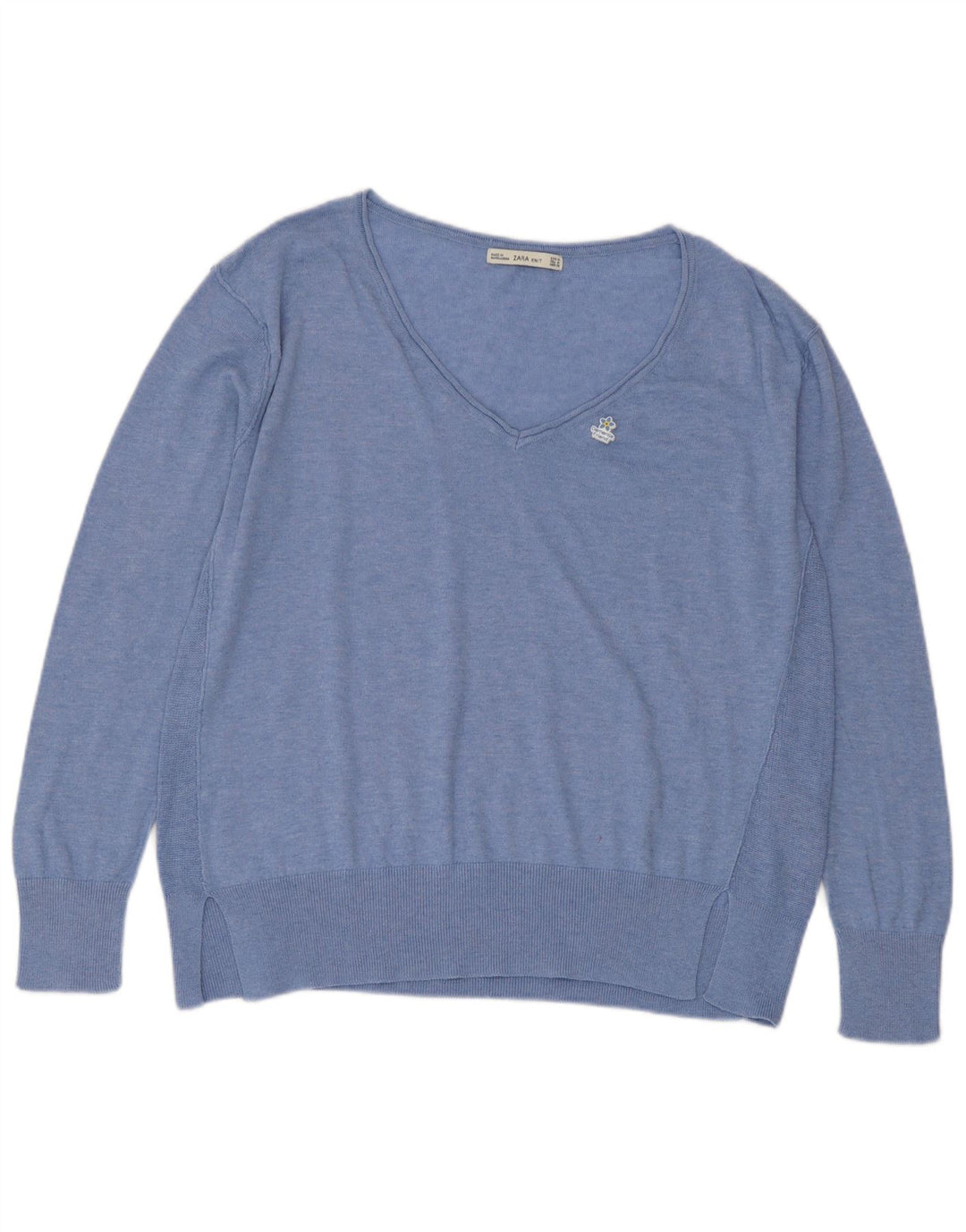 Suéter feminino Zara com decote em V UK 14 poliéster azul médio