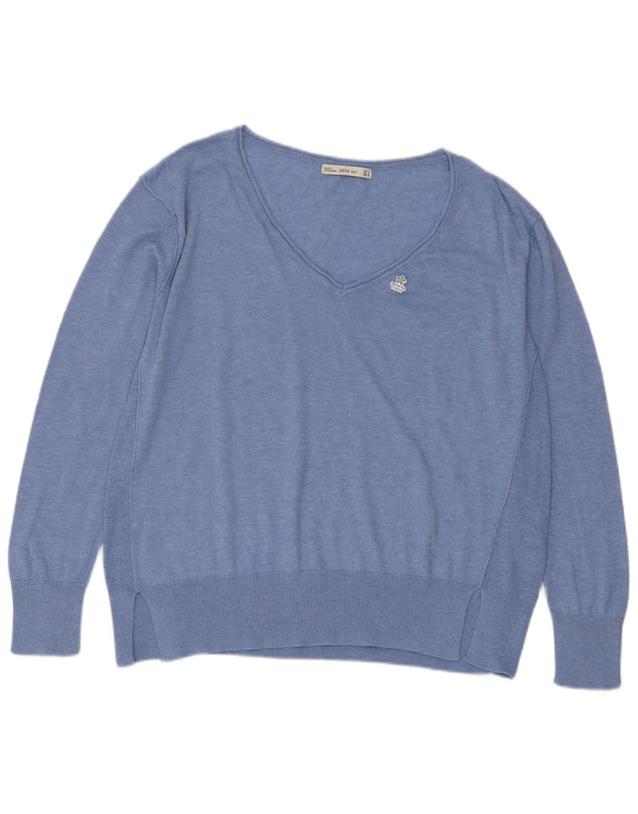 Suéter feminino Zara com decote em V UK 14 poliéster azul médio