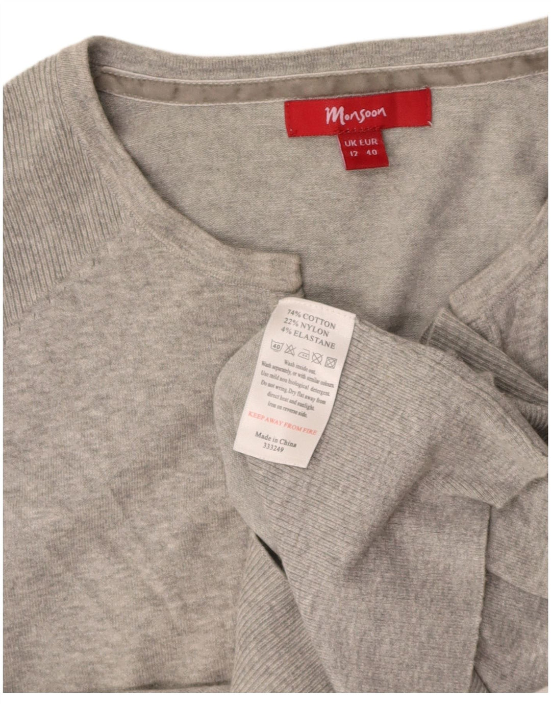 Suéter cardigã feminino MONSOON Reino Unido 12 algodão cinza médio