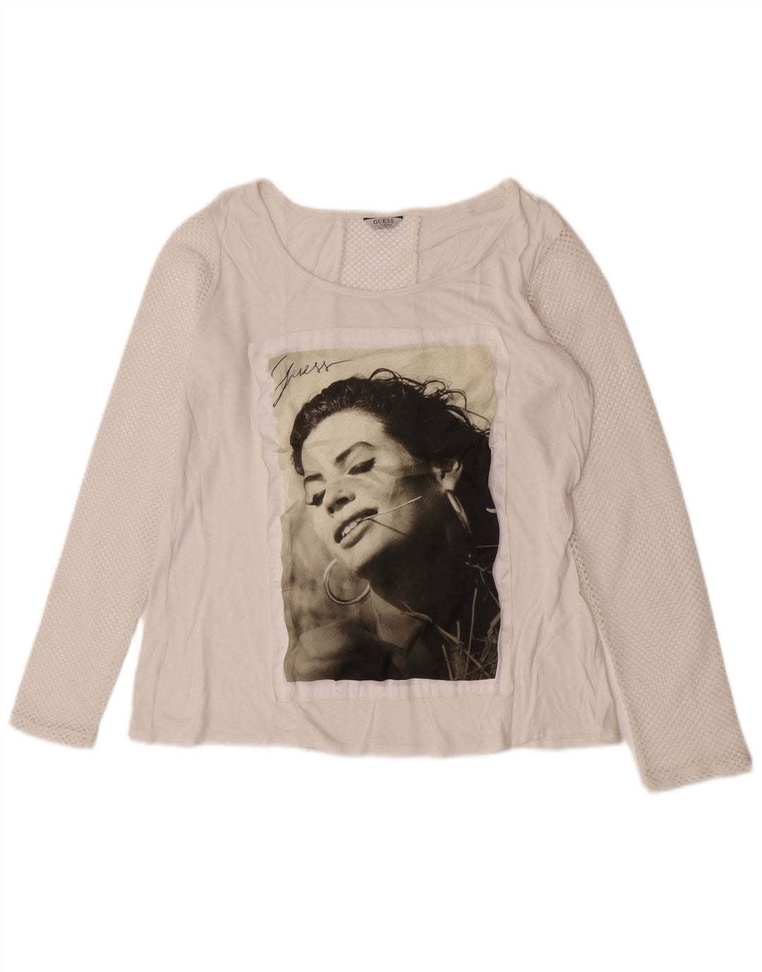 Top gráfico feminino Guess manga comprida UK 14 médio branco