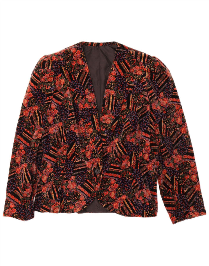 Jaqueta blazer feminina vintage de veludo com 1 botão UK 14 floral vermelho médio