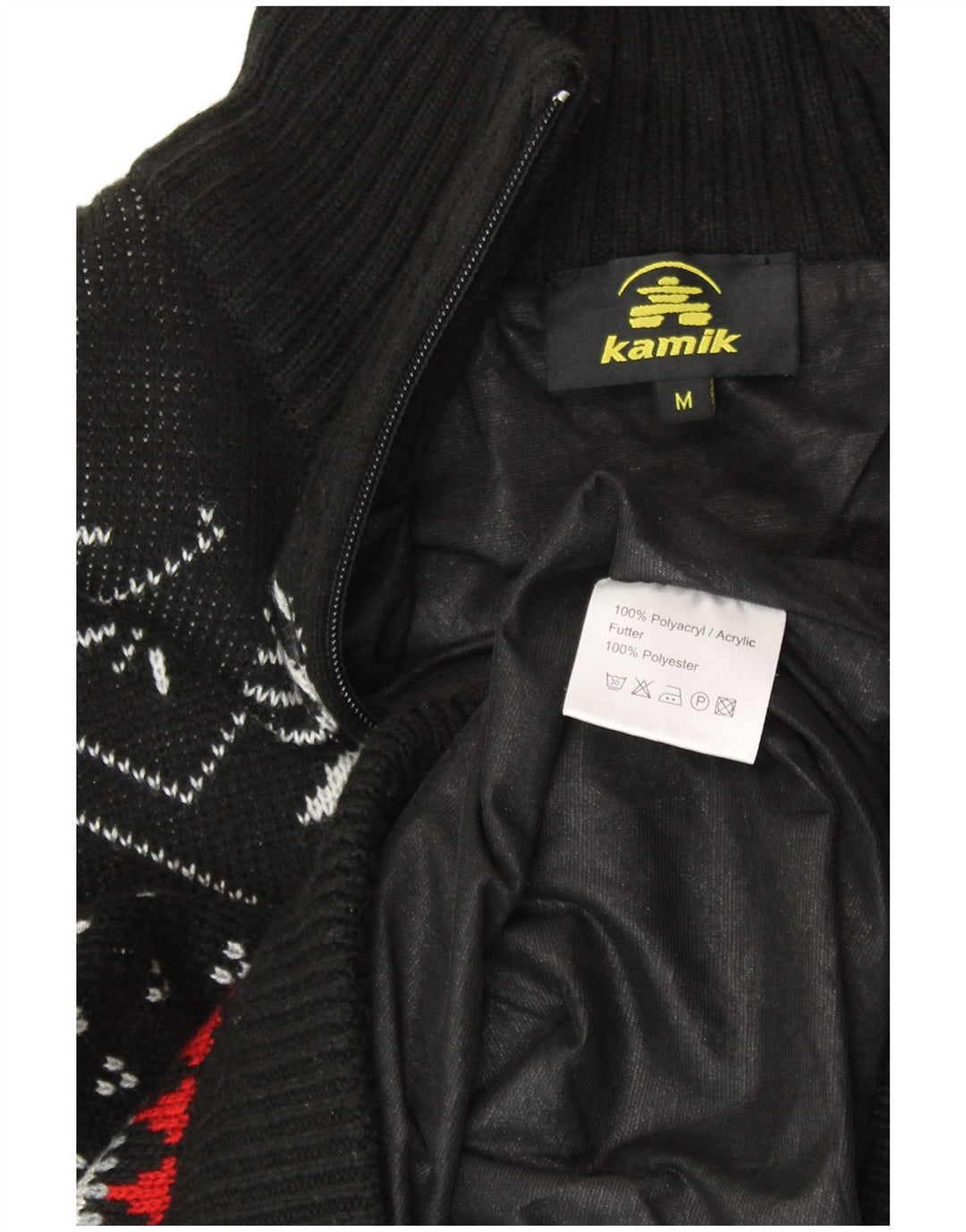 Suéter masculino VINTAGE com zíper e gola média preto justo Fair Isle poliacrílico