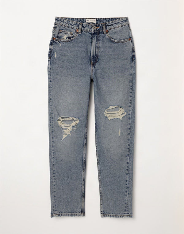 Zara Jeans feminino de cintura alta desgastado UE 38 pequeno W28 L27 algodão azul