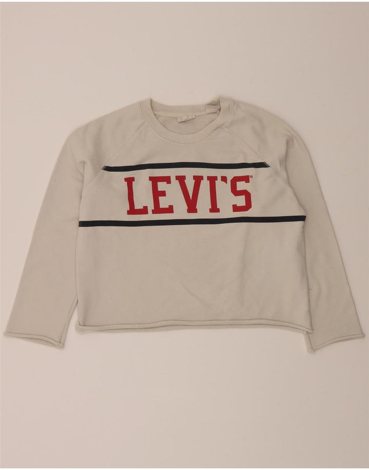 LEVI'S Womens Crop Graphic Sweatshirt Jumper UK 16 Large Off White Cotton Vintage Levi's and Second-Hand Levi's from Messina Hembry 