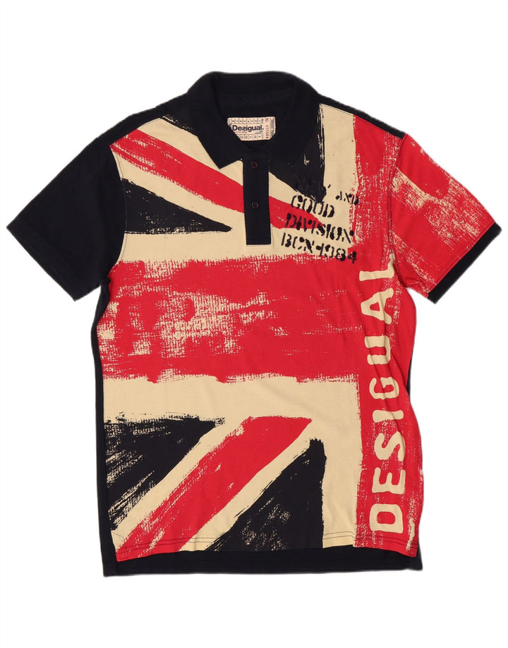 DESIGUAL Camisa polo masculina gráfica grande algodão colorblock azul marinho