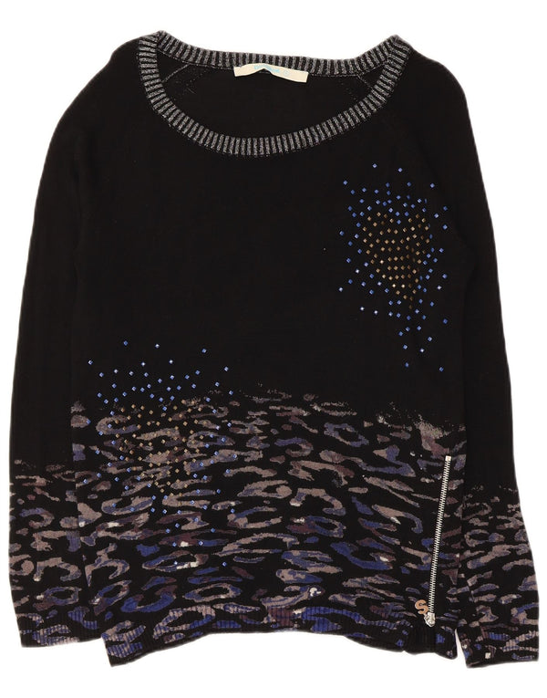 Suéter feminino Desigual com gola canoa UK 10 pequeno preto com estampa animal