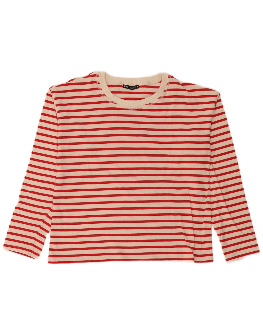 Zara Top feminino oversized manga comprida Reino Unido 10 pequeno listrado branco