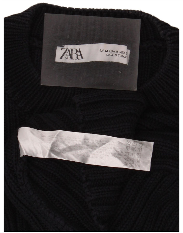 Zara Suéter feminino cropped com gola redonda Reino Unido 14 médio azul marinho