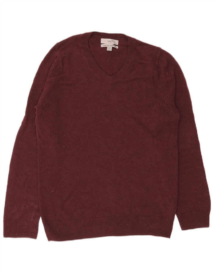Suéter masculino Marks & Spencer com decote em V, pequeno, lã de cordeiro cor de vinho